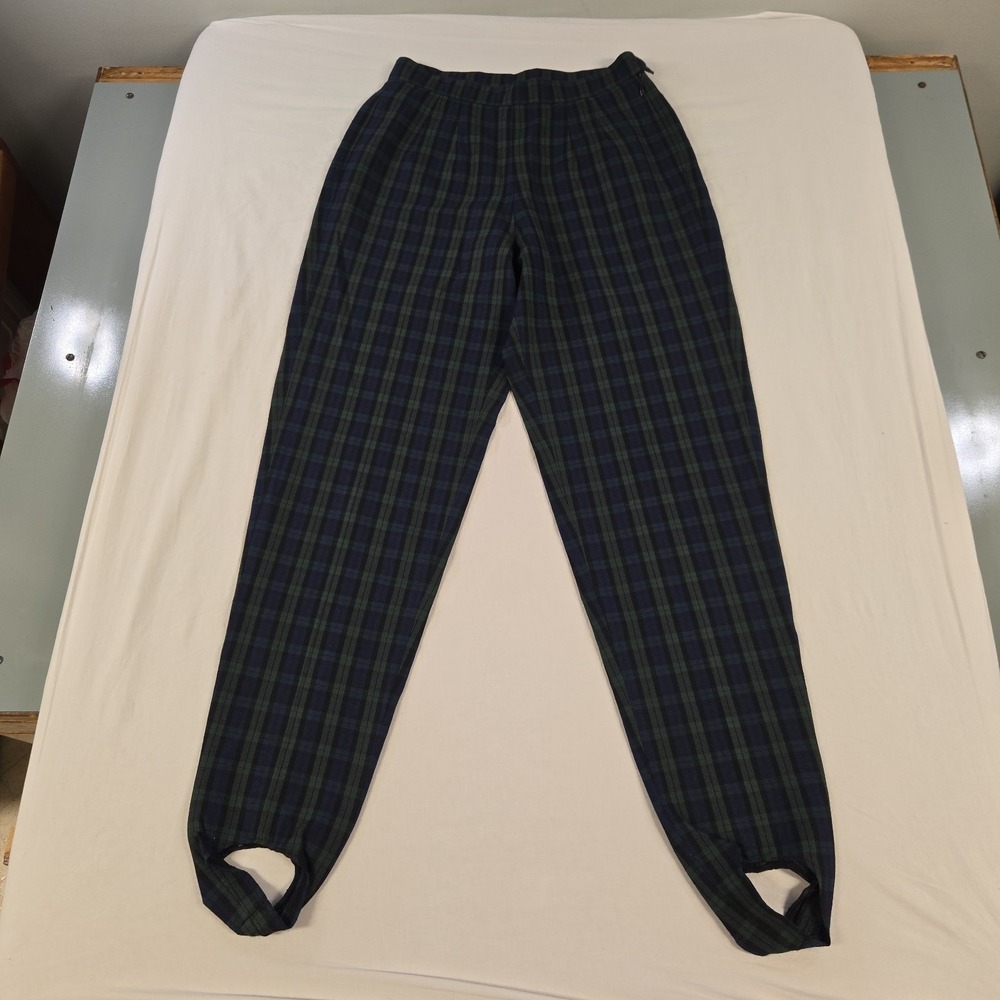 Vintage 80s Votre Nom Paris Stirrup Pants Size 2 Green Blue Tartan Plaid France